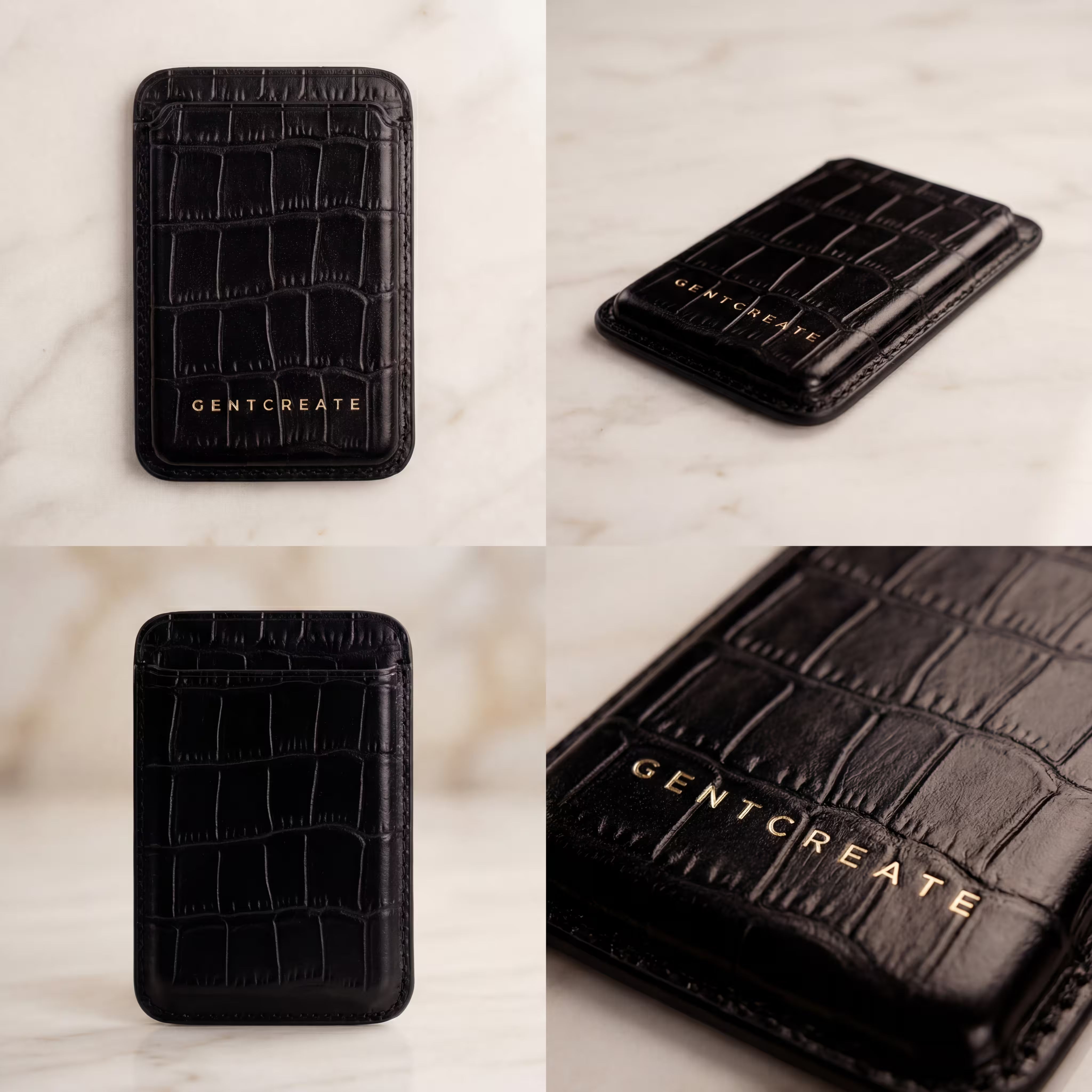 A black crocodile leather MagSafe cardholder wallet attached to the back of a titanium iPhone 17 Pro Max, showcasing the luxury scale texture and slim profile.